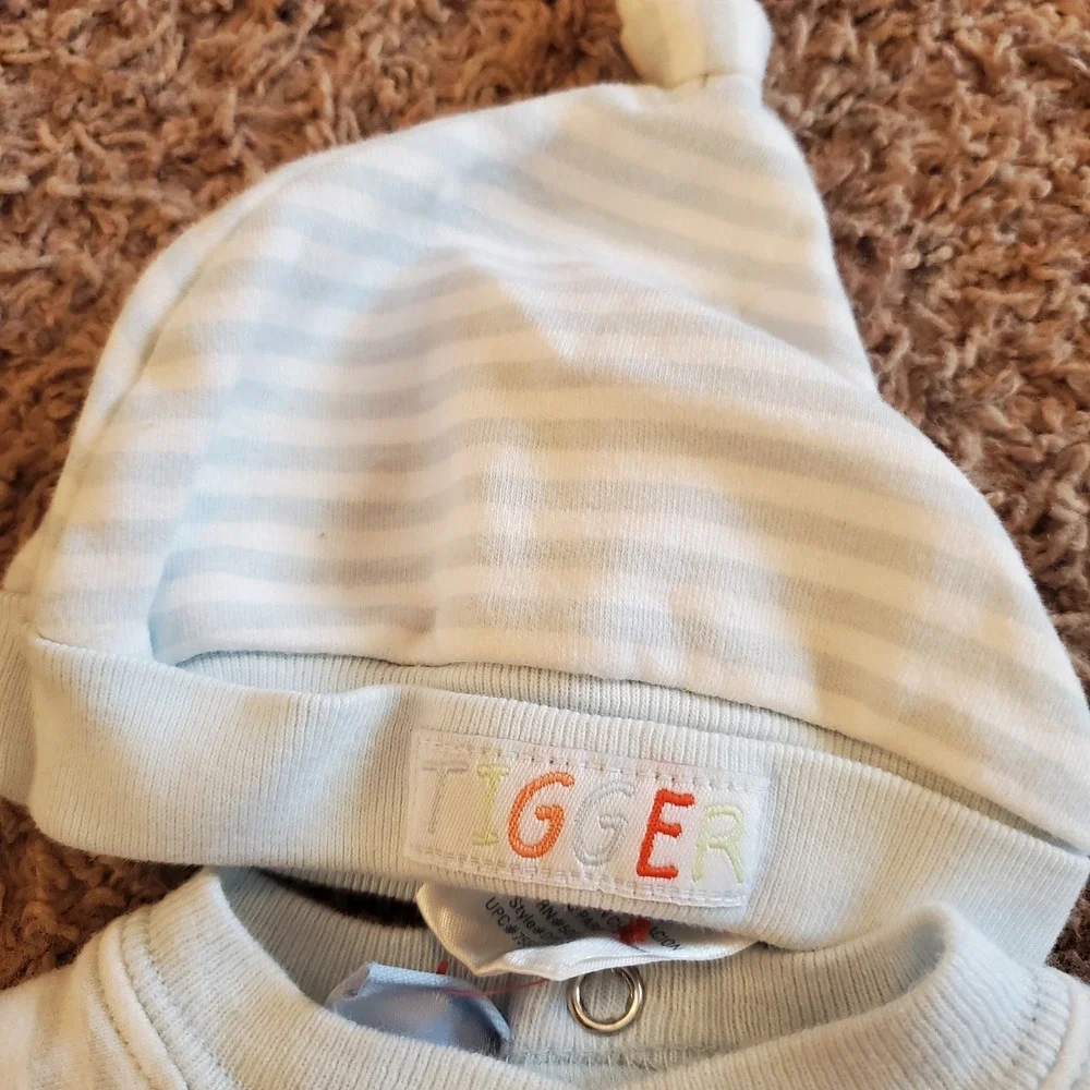 Vintage Disney Tigger Baby sleeper Hat Set 0-3 Months footed Blue Striped Cotton